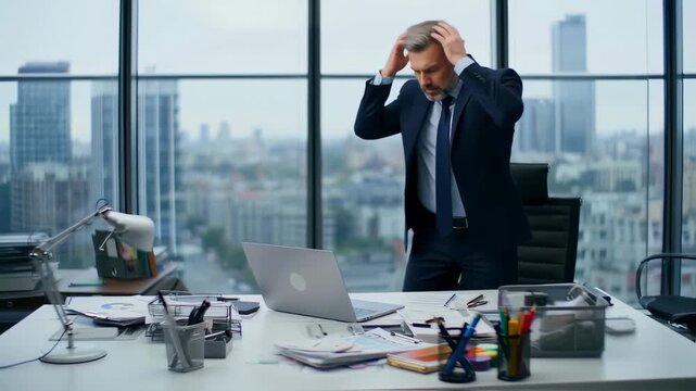 A stressed businessman in suit holds head near a messy desk overlooking city buildings