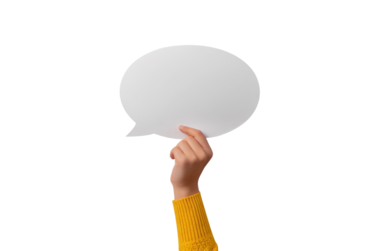 speech bubble held by hand on white background.