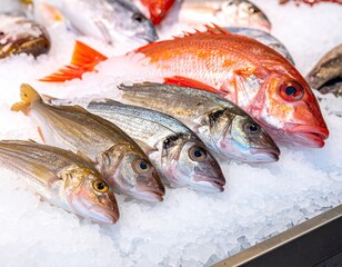 Fresh Red Snapper and Silver Fish on Crushed Ice Display at Market in Bright Lighting a Seafood Culinary Still Life