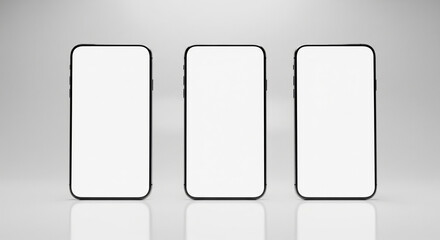 Three sleek smartphones with blank white screens stand side by side against a light background, showcasing minimalist design.
