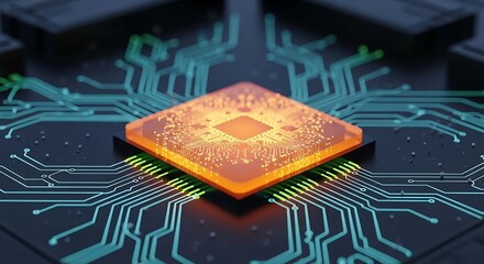 Glowing orange computer processor chip at the center of a complex network of illuminated blue circuit board pathways, symbolizing advanced technology, data flow, and artificial intelligence