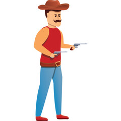 Cartoon Cowboy Standing Holding Two Pistols Ready for a Duel in a Western Setting with a Red Tank Top Blue Jeans and Brown Hat