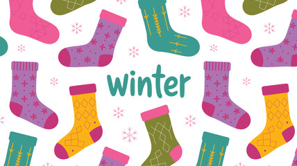Colorful Winter Socks Pattern with Snowflakes Pink, Purple, Green, and Yellow Holiday Season Apparel