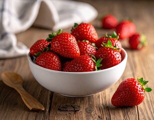 Fresh Red Strawberries in White Bowl on Wooden Table