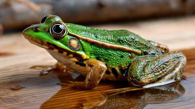 Close-up of a vibrant green frog resting on wet wood near a pond in a serene natural setting during a sunny afternoon