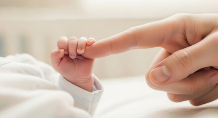 Touching scene of a baby hand holding finger. Perfect for newborn announcements, baby shower invites, parenting blogs, and infant health campaigns. Capture precious moments.