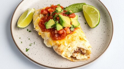Savor the morning with a delicious breakfast burrito packed with scrambled eggs, avocado, salsa, and cheese, garnished with lime wedges