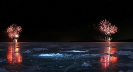 frozen lake with fireworks exploding in the distance.