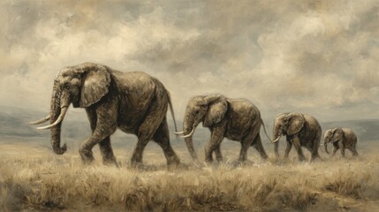 Fototapeta premium Herd of elephants family marches walk across savannah under cloudy sky. Majestic strength and unity. Artwork wildlife and vast landscapes. Natural setting. Nature, adventure, African wildlife.