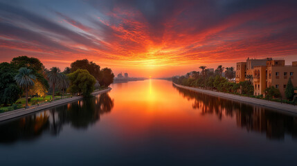 Fototapeta premium Sunset over calm river with vibrant orange sky reflecting on water, lined with palm trees and buildings creating peaceful urban landscape