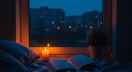 books and candles lit near the misty window.