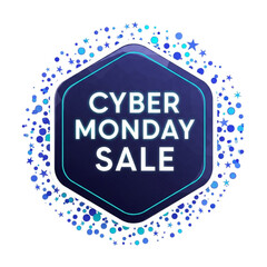 Obraz premium Hexagon Cyber Monday Sale Sticker Vector with Confetti Dots on Transparent Background