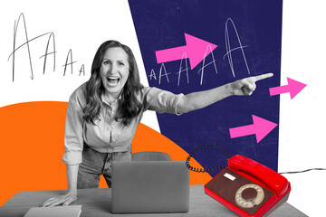 Creative poster collage of angry old businesswoman scream reprimand point out dismissal workplace...