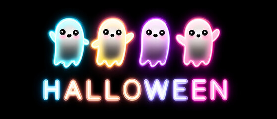 friendly neon ghosts above HALLOWEEN text isolated over black background