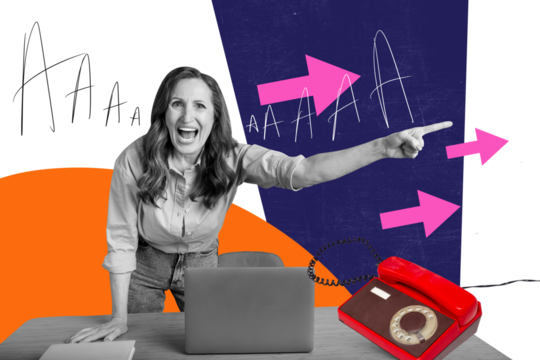 Creative poster collage of angry old businesswoman scream reprimand point out dismissal workplace laptop telephone ring tension