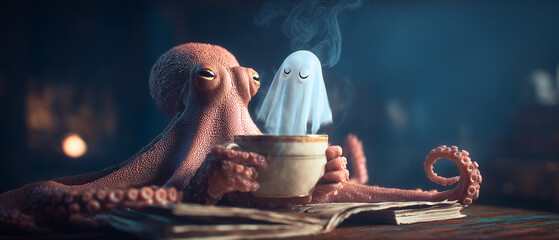 cute octopus holding a hot cup of coffee with ghost-shape steam reading an ancient book in cozy interior