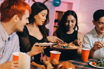 Diversity, dinner and group of people toast celebration together at party. Friends, happy and celebrate with food, wine and friendship for love, support and cheers champagne at business function