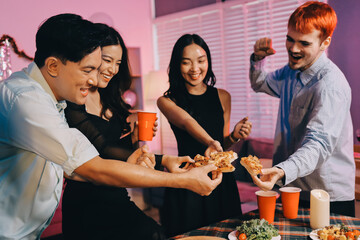 Diversity, dinner and group of people toast celebration together at party. Friends, happy and celebrate with food, wine and friendship for love, support and cheers champagne at business function