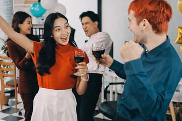 Diversity, dinner and group of people toast celebration together at party. Friends, happy and celebrate with food, wine and friendship for love, support and cheers champagne at business function