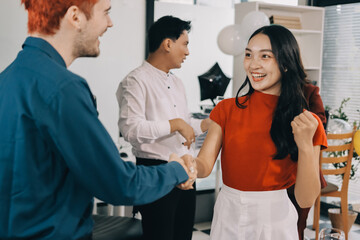 Obraz premium Diversity, dinner and group of people toast celebration together at party. Friends, happy and celebrate with food, wine and friendship for love, support and cheers champagne at business function