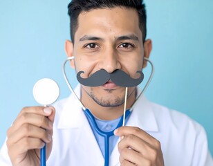 Doctor holding stethoscope and mustache on stick celebrating movember
