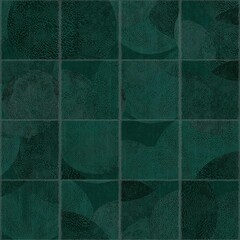 Abstract pattern of dark green textured tiles with overlapping circular shapes
