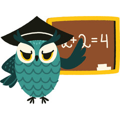 Wise cartoon owl teacher wearing graduation cap standing beside blackboard with math equation on transparent background