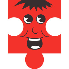 Whimsical Red Puzzle Piece Character With Goofy Grinning Face And Black Spiky Hair On A Transparent Background