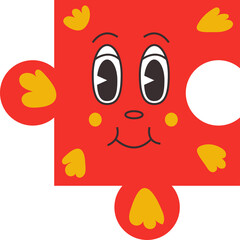 Whimsical Red Puzzle Piece Character with Yellow Accents and a Playful Expression on a Transparent Background