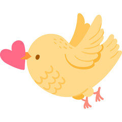 Whimsical Yellow Bird Carries a Pink Heart in Flight Isolated on Transparent Background