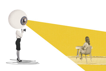 Composite art 3d creative image collage of boss girl instead head eyeball stare control employee...