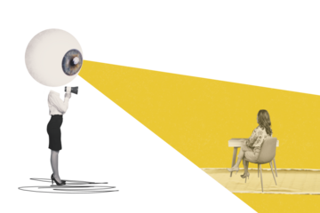 Composite art 3d creative image collage of boss girl instead head eyeball stare control employee sit table megaphone tension observer