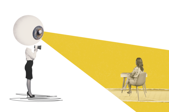 Composite art 3d creative image collage of boss girl instead head eyeball stare control employee sit table megaphone tension observer