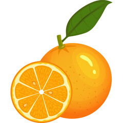 Whole Orange and Sliced Orange with Green Leaf and Stem on White Background