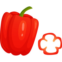 Whole Ripe Red Bell Pepper and a Slice Showing Internal Structure on Transparent Background