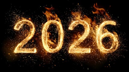 Fiery glowing digits of the year 2026 exploding with sparks and flames on a dark background
