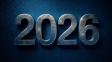 Futuristic metallic 2026 numbers with a textured dark blue background representing future technology and innovation