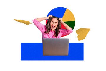 Composite artwork sketch image collage of trader arrow growth business diagram message plane work aged woman scream burnout scream