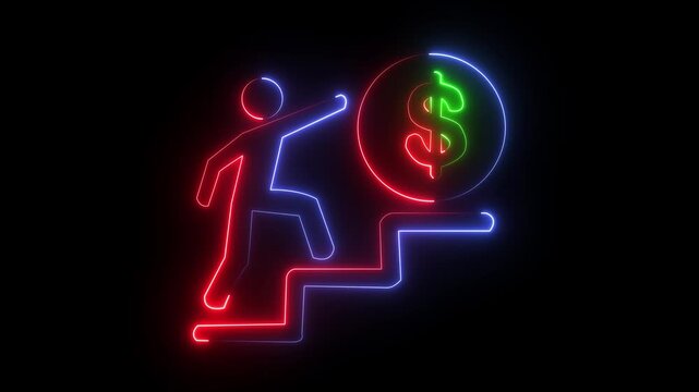 Neon icon of a person climbing stairs with a glowing neon effect animation on a black background motion grapic animation