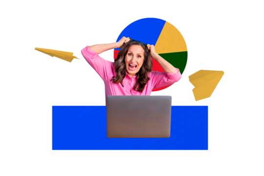 Composite artwork sketch image collage of trader arrow growth business diagram message plane work aged woman scream burnout scream