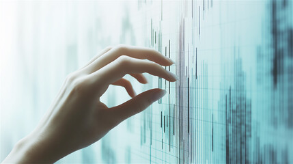 Hand touching digital data streams visualization against light background. Finger interacting with vertical lines of code representing big data analytics and technological intelligence concept.