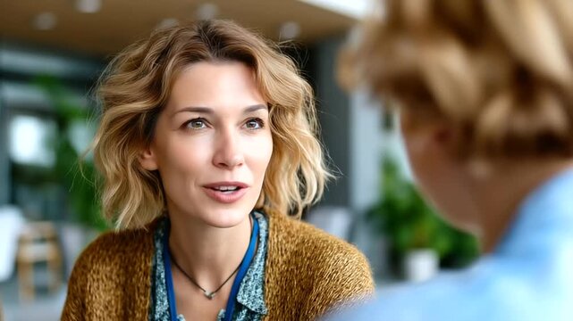 Female therapist listening attentively to client in bright modern office, empathy and support concept, professional care, therapy session, mental health awareness, emotional healin
