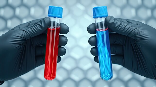 Hands in black gloves carefully hold test tubes filled with red and blue liquids against a patterned background