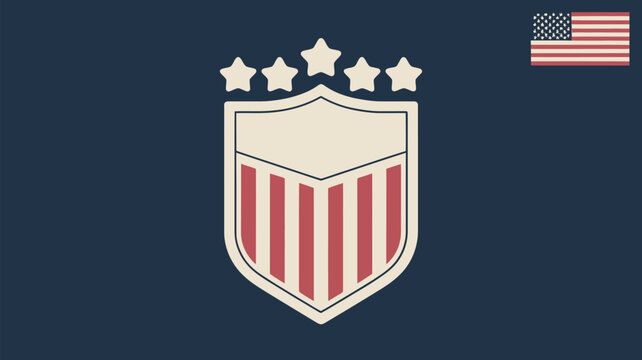 Illustration of a shield with red stripes and five stars with an american flag in the upper corner