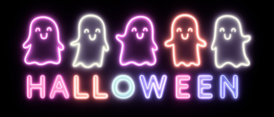 friendly neon ghosts shapes flying over HALLOWEEN text isolated over black background