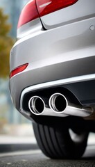 Fototapeta premium Close-up Image Showcasing the Sleek Chrome Dual Exhaust of a High-Performance Sports Car Tailpipe