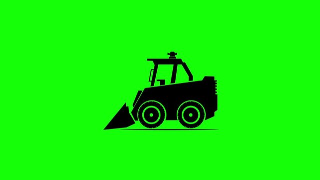 Black silhouette animation of a skid steer loader (compact loader) standing still on a bright green screen background. Perfect for construction, agriculture, landscaping, and industrial motion graphic