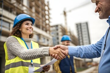 Smiling female architect shaking hands with a contractor at construction site