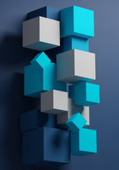 Obraz premium Dynamic arrangement of modern geometric cubes in shades of blue and white creates a sense of innovation and progress, perfect for tech or business themes.