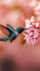 Fototapeta premium Delicate Harmony of a Colorful Hummingbird Sipping Nectar from Vibrant Pink Blossoms in Nature